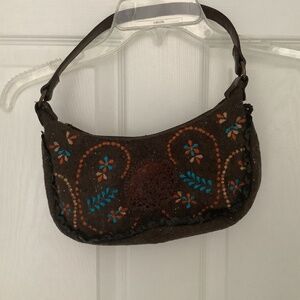 August Brown/Teal Multi Embroidered Crochet Tweed Shoulder Bag PRE-OWNED
